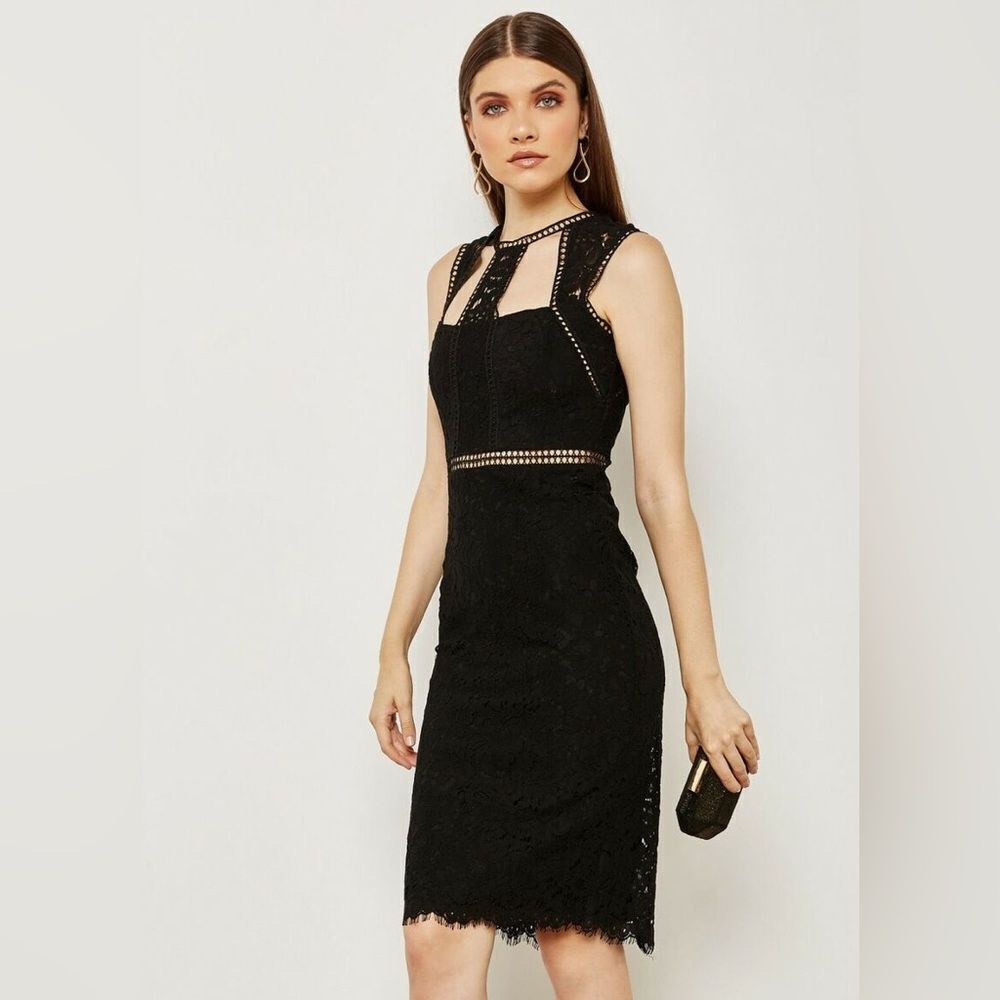 Bardot Splice Panel Lace Cutout Midi Dress Black Size 4